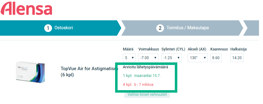 Alensa varastolta loppu olevien tuotteiden toimitusajat kori